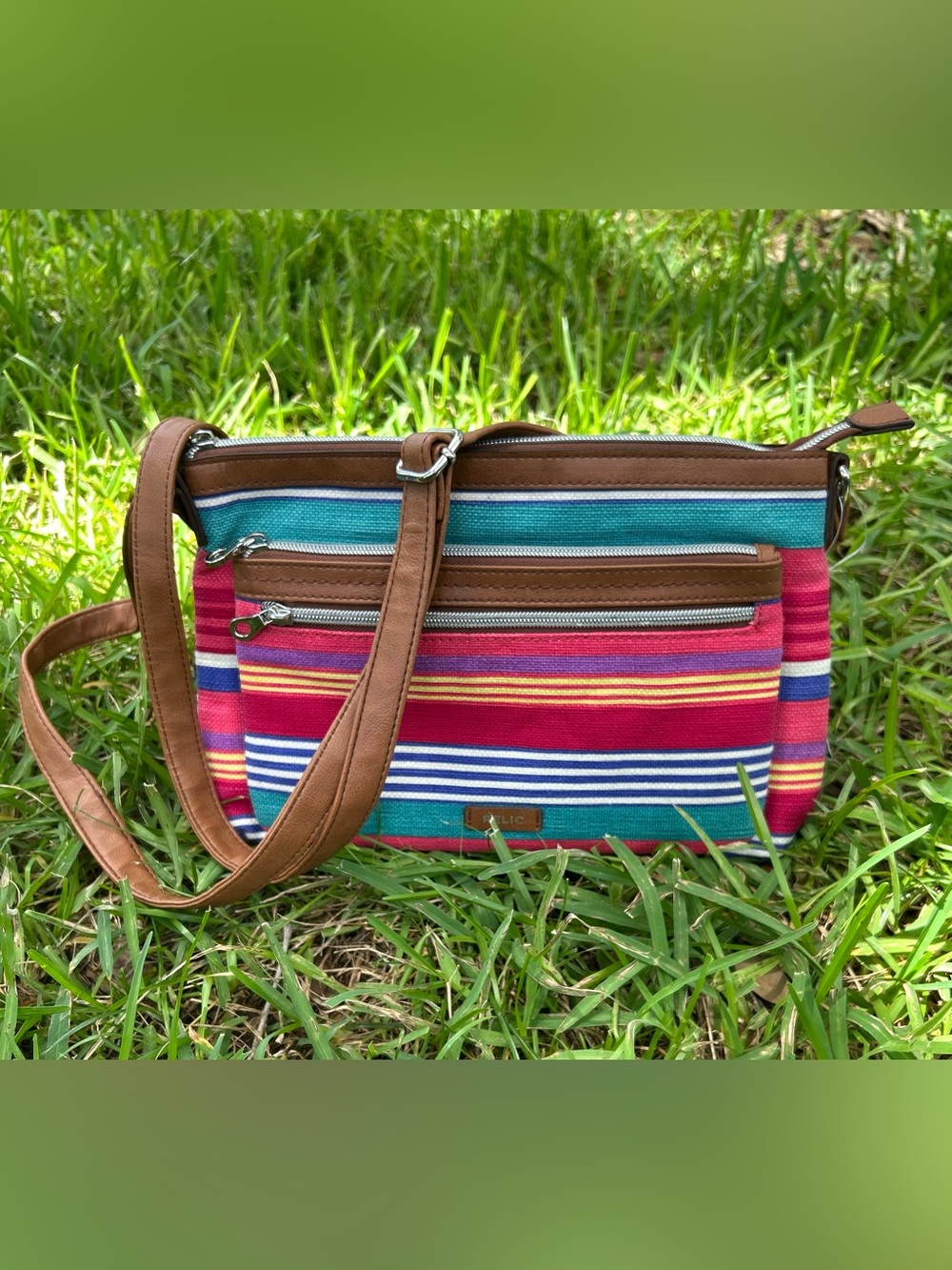Relic Multicolor Striped Crossbody with Brown Trim